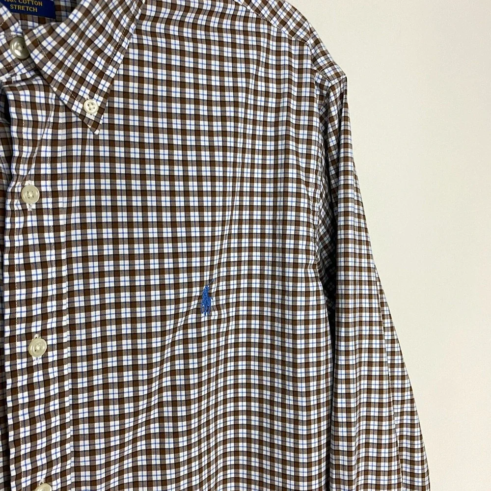 Ralph Lauren Button Down Dress Shirt Mens Large Brown Blue Plaid Check Business - Picture 3 of 6